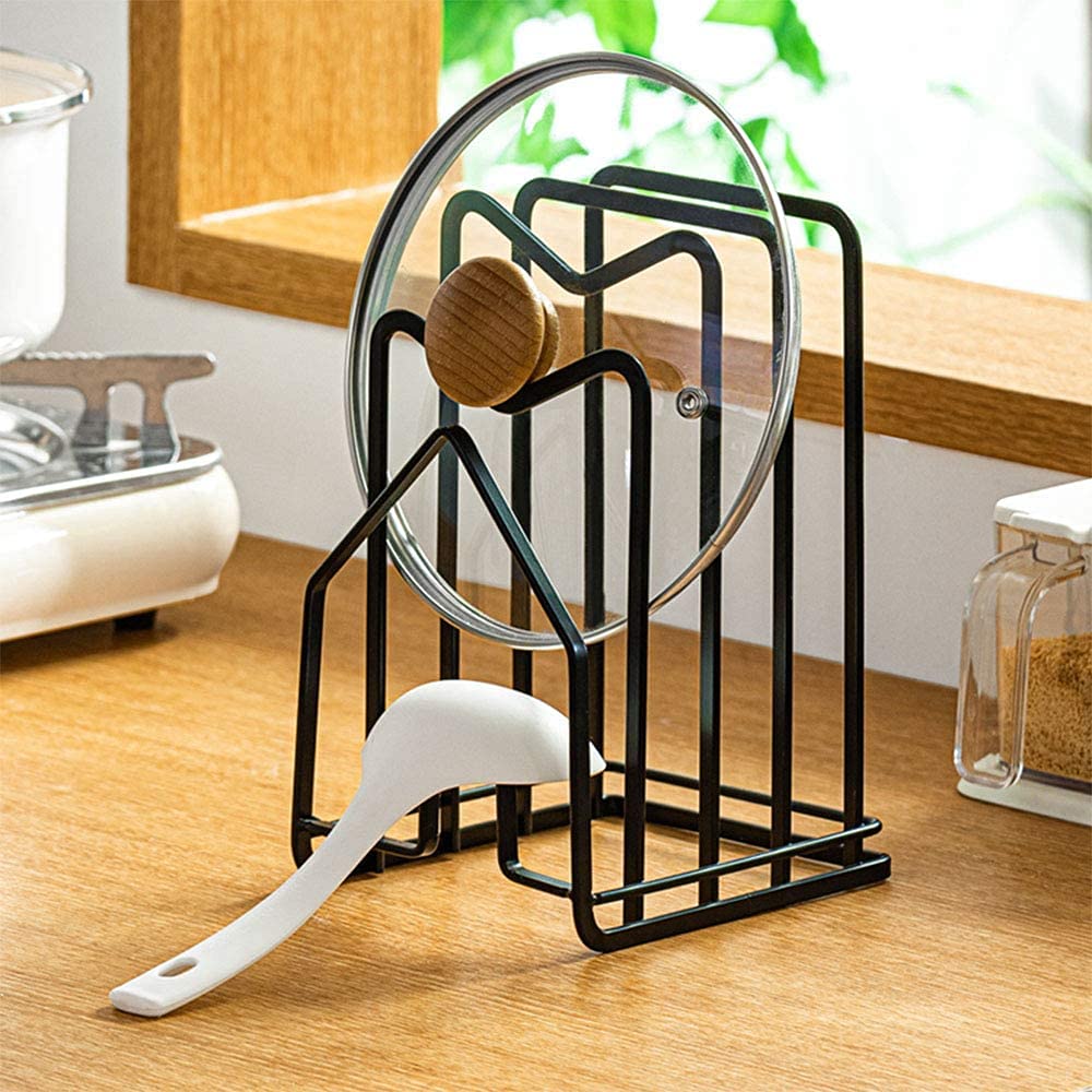 Pot Pan Lid Holder Chopping Board Holder Rack Cutting Board Organiser Display Stand Thin Bakeware Baking Tray Kitchen Countertop Cupboards Cabinet Office Heavy Duty Metal 12.5x14.5x21.5cm Black