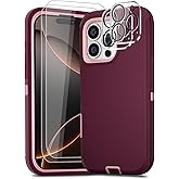 COLDNICE for iPhone 16 Pro Case 6.3" with 2 Screen Protector & 2 Camera Lens Protector, Full Body Protection Heavy Duty Case Cover (Wine Pink)