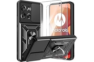 KZIOACSH Tough Case with 2 Tempered Glass Case for Motorola Moto G15/Moto G15 Power, 360 Degree Rotation Ring Kickstand Slide