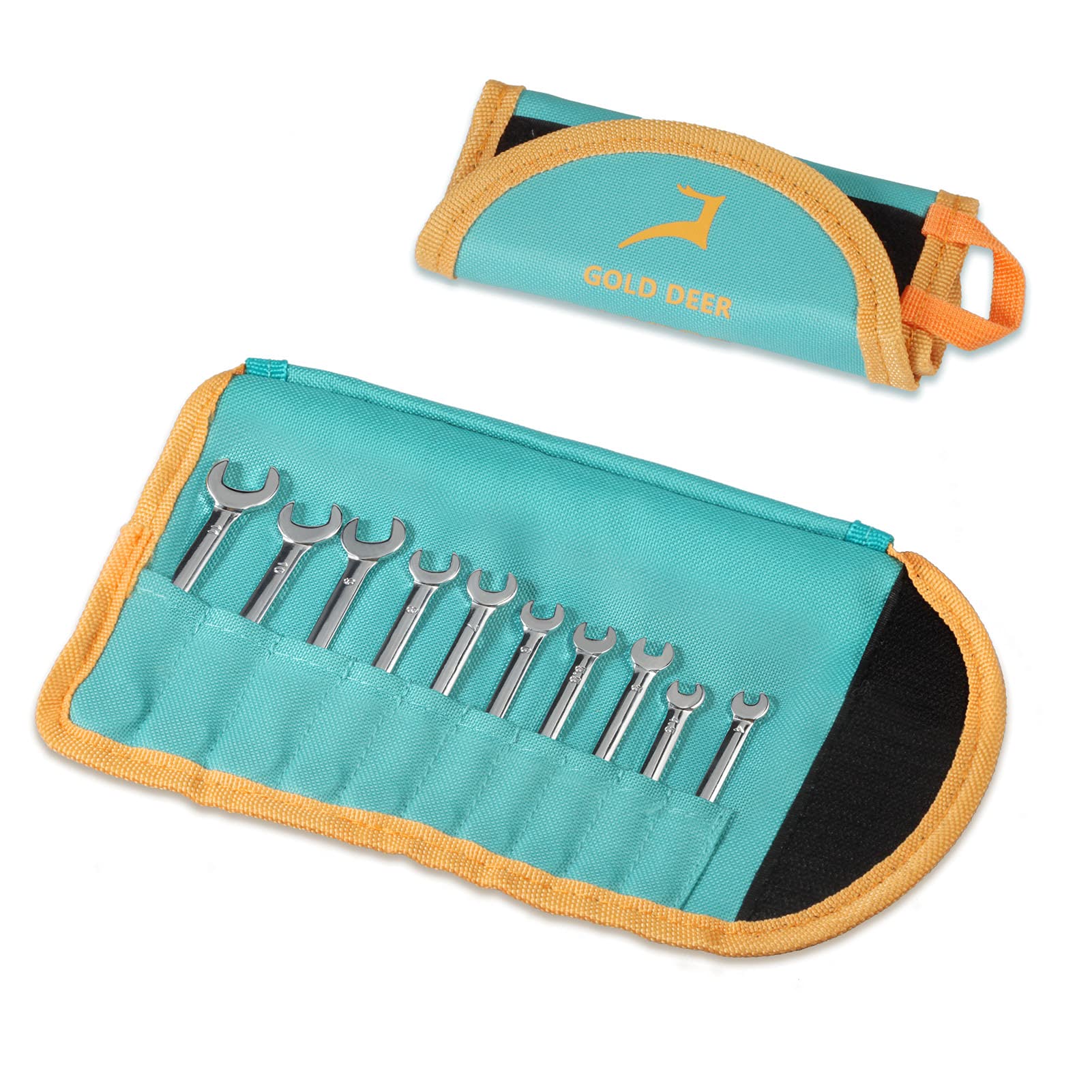 Gold Deer 10 Pcs Mini Wrench Set Standard Metric 4-11mm Extra Slim Spanner with Mirror Finishing Wrench Set Combination Wrench Set Open End and Box End Ignition Wrenches with Storage Roll Pouch — image 1