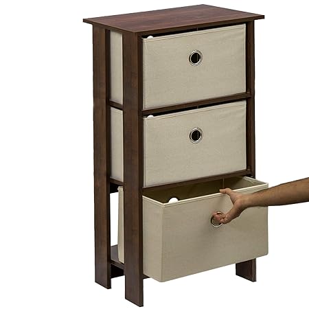 Klaxon Protea Wooden Table Storage Cabinet with 3 Fabric Drawer Chest - Walnut & Cream