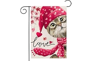 EKOREST Valentines Day Love Cat Garden Flag 12x18 Double Sided,Watercolor Cat with Hat Scarf Sakura Small Yard Flag,Seasonal Outdoor Decor for Anniversary Wedding Holiday Outside