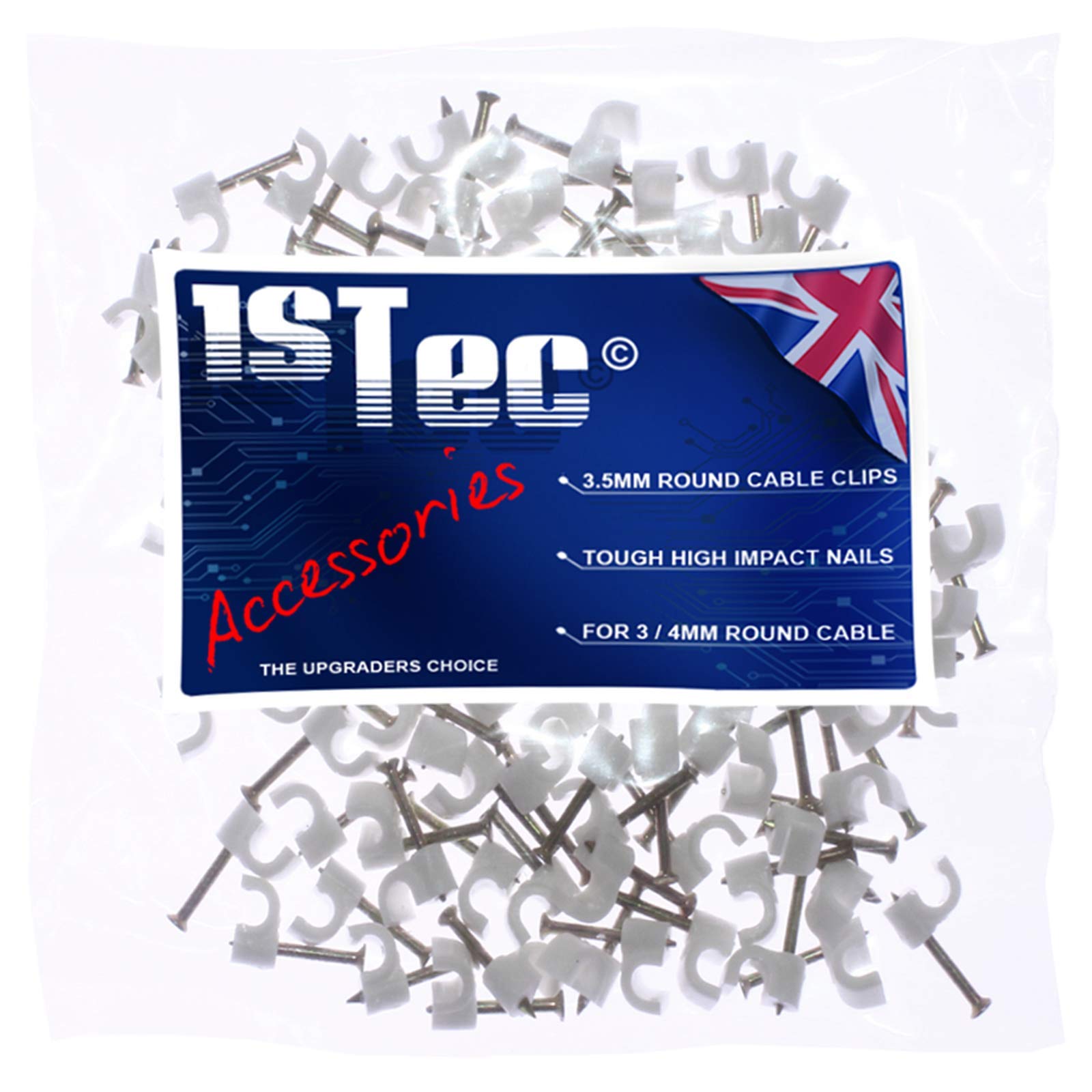 1STec 500 x 3.5mm Small Round White Cable Clips Suitable for Indoor/Outdoor use Plaster Wood or Masonry Hardened Nails to Tack BT Telephone Cable USB Leads Speaker & Door Bell Wire Low Voltage Lights