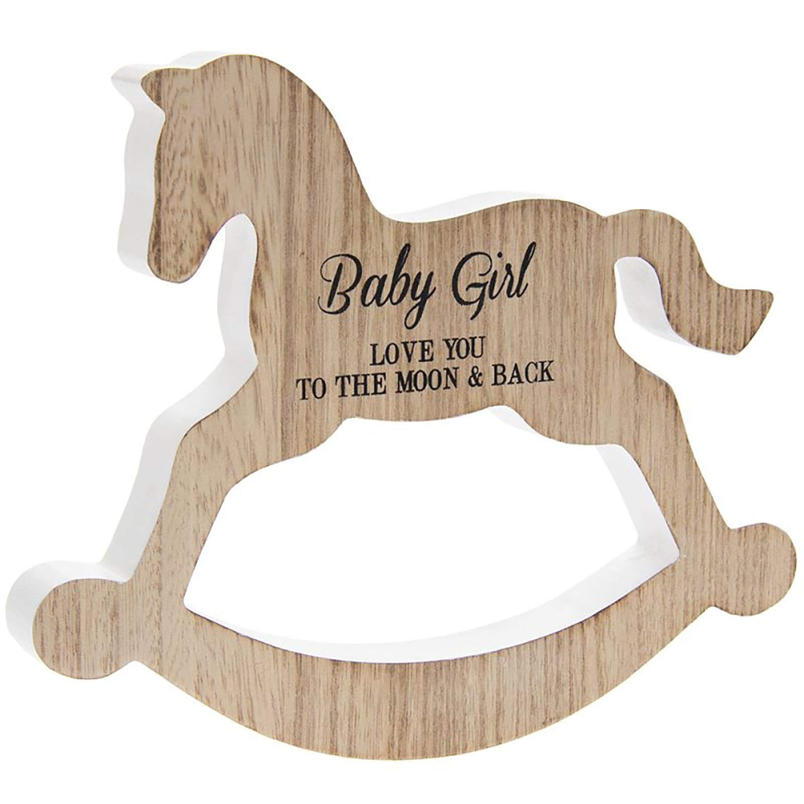 "Baby Girl Love You To The Moon & Back" Rocking Horse Wooden Plaque Home Nursery Ornament