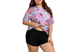 ALLTOKE Womens Two Piece Plus Size Short Sleeve Rash Guard Sets Modest Swim Shirts Top and Shorts UPF50+ Swimsuit