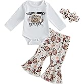 BULINGNA Newborn Baby Girl Coming Home Outfit Touchdown Football Season Bodysuit Football Flare Pants with Headband Set