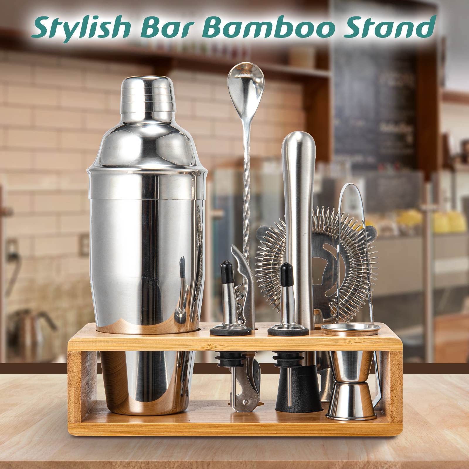 Cocktail Shaker Set, Mixology Bartender Kit 10-Piece Bar Tool Set with Stylish Bamboo Stand, Bar kit: Matini Shaker Mixing Spoon Muddler Jigger Cocksrew for Barware Set - Image 5