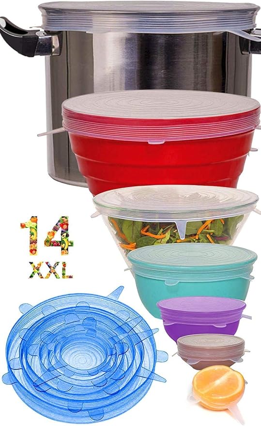 Longzon Siliconen Deksels 14 Stuks 7 Verschillende Maten Exclusief 12 Xxl Flexibele Herbruikbare Stretch Voedselhoezen Voor Bekers Schalen Mokken Blikjes Gebruik In Magnetron En Vriezer Amazon Nl