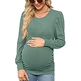 Onedreamer Women's Maternity Shirts Puff Sleeve Round Neck Tunic Top Casual Pregnancy Clothes