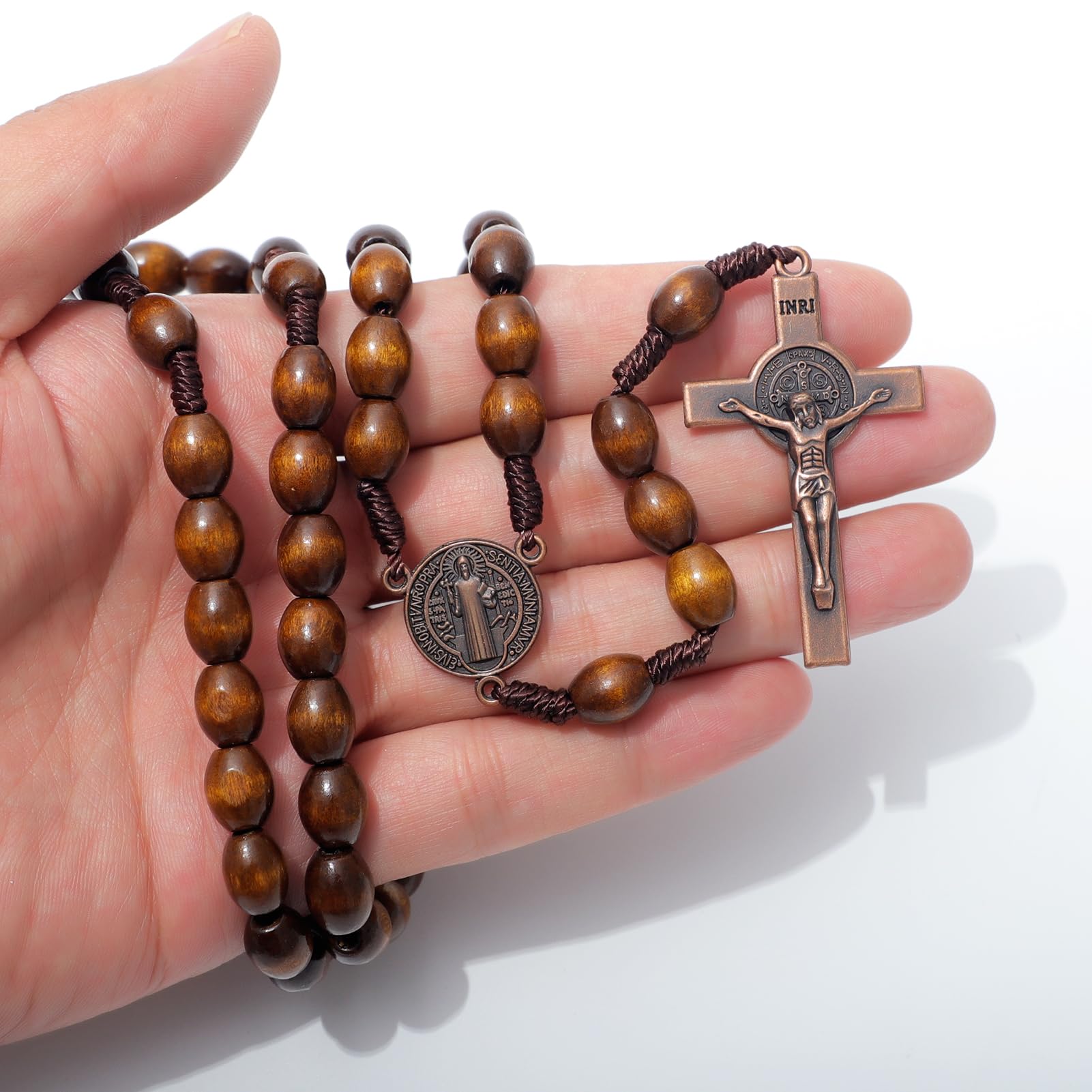 KOMI Handmade Wooden Catholic Rosaries, Rosary Beads Necklace From Bethlehem Wood Christian Prayer Holy Soil Medal & Metal Cross For Catholic Or Christian Gift