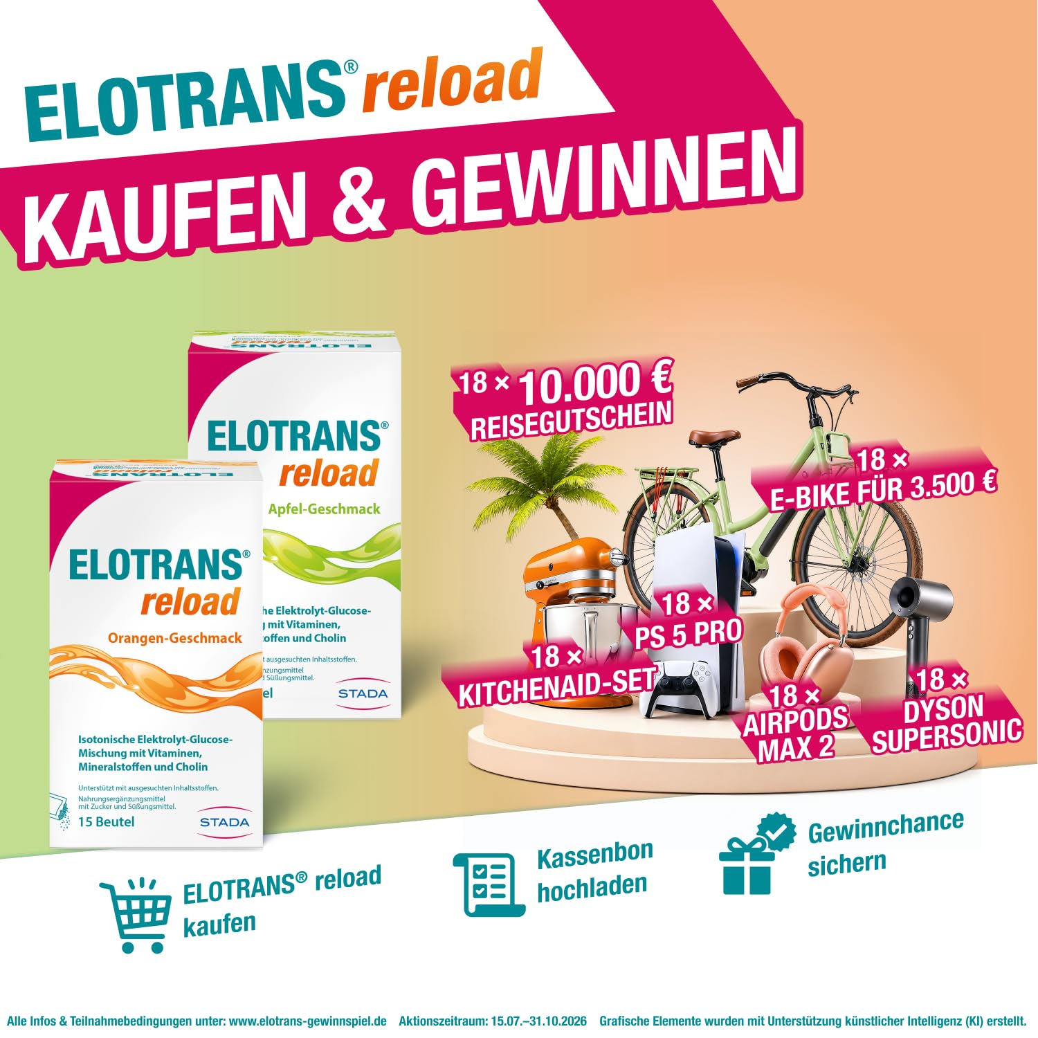ELOTRANS reload - isotonische Elektrolyt-Glucose-Mischung - Nahrungsergänzungsmittel mit Magnesium, Kaliumchlorid, Cholin und B-Vitaminen - 1 x 25 Beutel - Apfel-Geschmack 2
