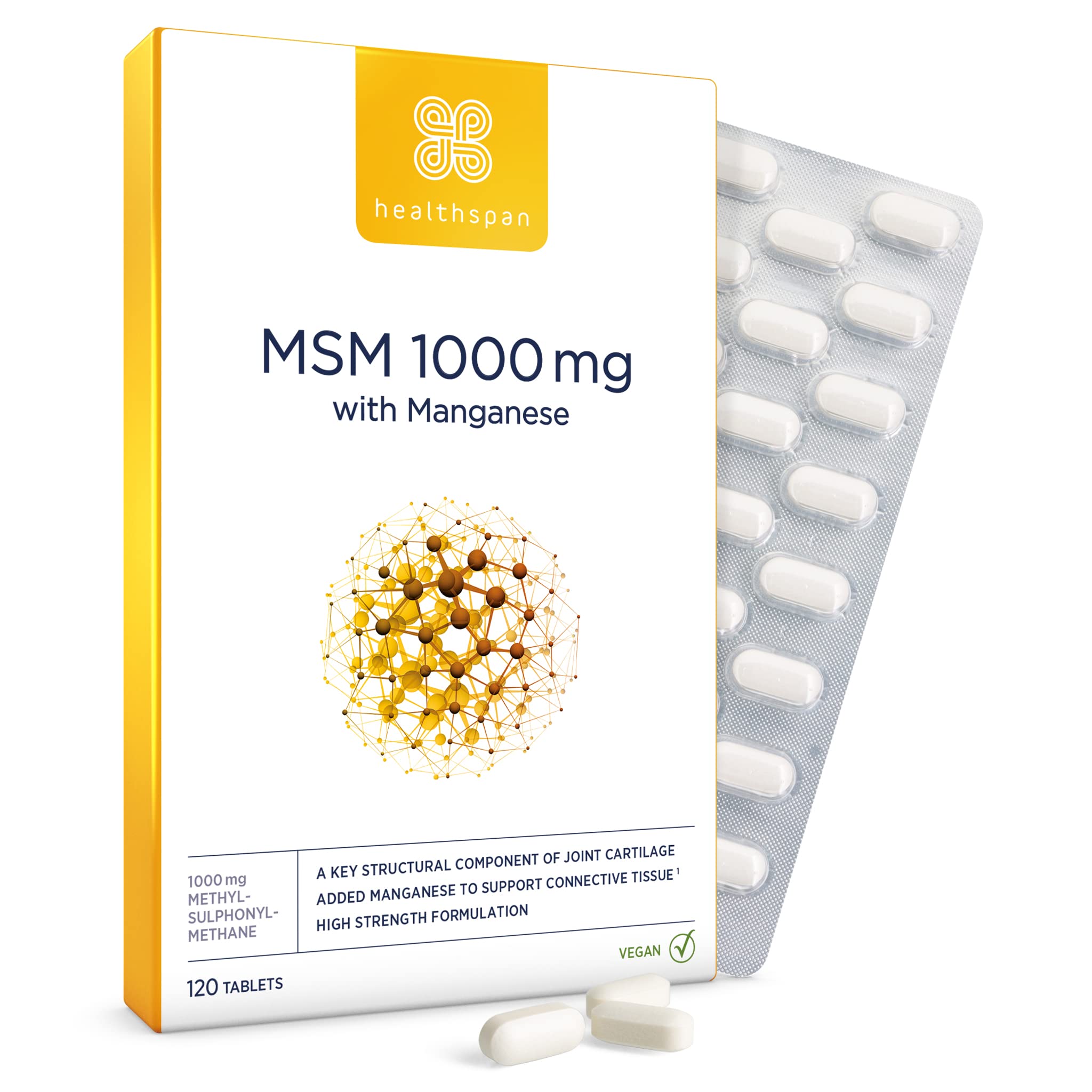 Healthspan MSM 1,000mg with Manganese (120 Tablets) | Supports Connective Tissues & Joint Health | Hight Strength Formulation | Quality Source MSM | Vegan