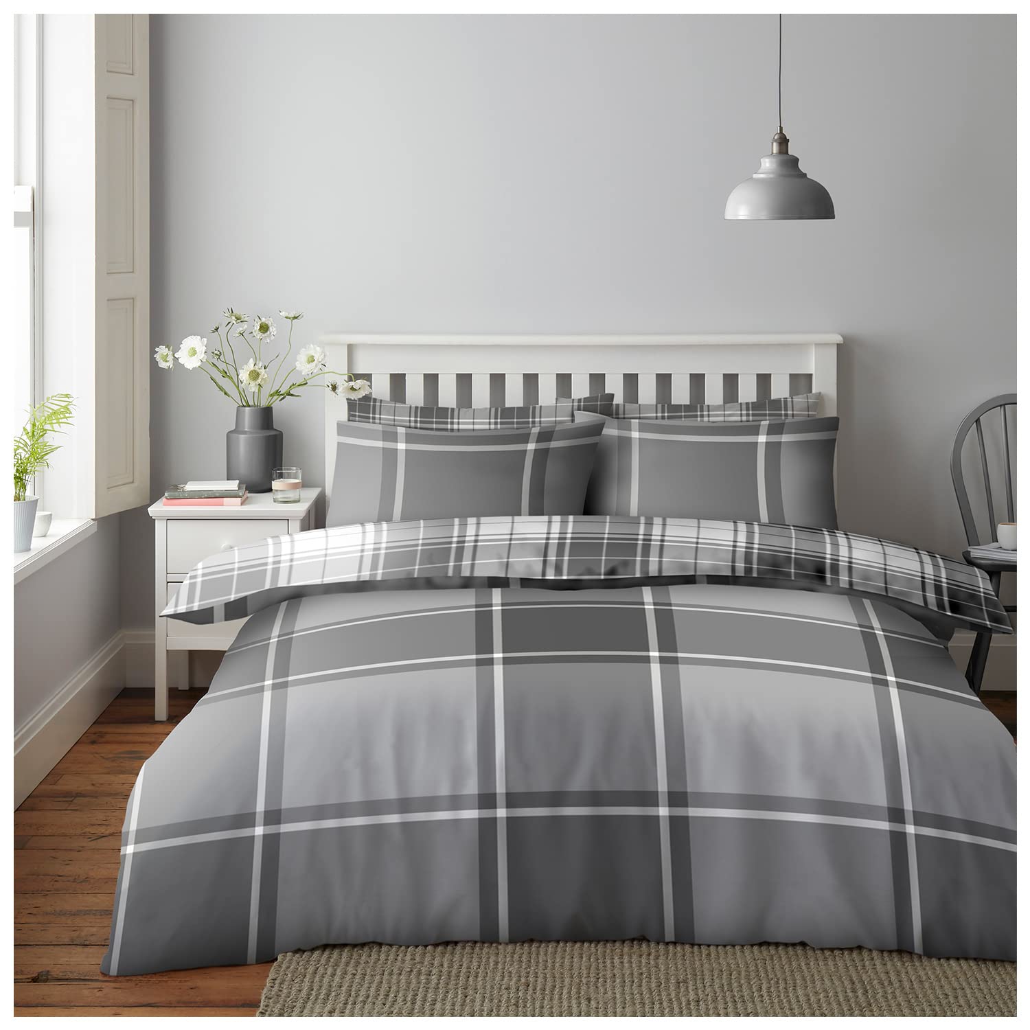 GC GAVENO CAVAILIA Check Duvet Cover, Printed Tartan Bedding Set King Size, Reversible Checkered Quilt Cover With Pillow Cases, Grey — image 1