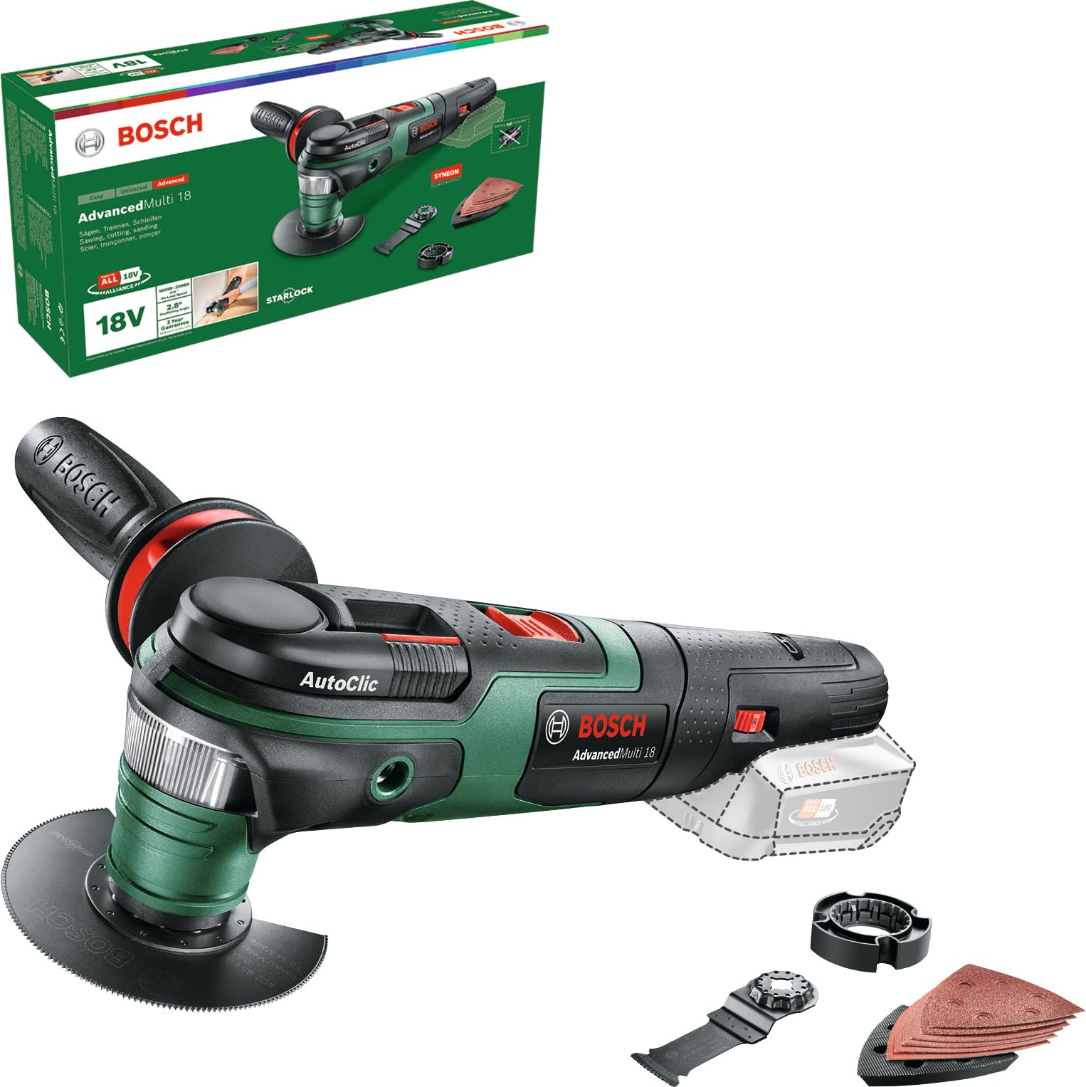 Bosch Cordless Multifunction Tool AdvancedMulti 18 (Without Battery, 18 Volt System, 2.5 Ah, in Carton Packaging)