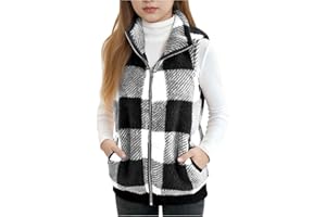Generic Girls Plaid Sherpa Jacket Zip Up Fleece Vests Stand Collar Sleeveless Fuzzy Jacket Trendy Fall Winter Warm Outerwear