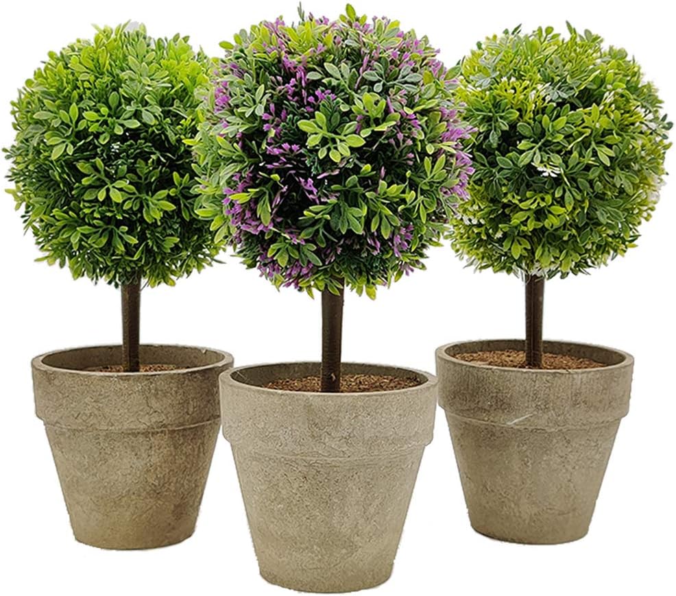 Aisamco 3 Pack Artificial Potted Plants Mini Boxwood Topiary Green Grass Ball Greenery in Pots Small Houseplants for Home Office Tabletop Decoration Centerpiece 26cm Tall