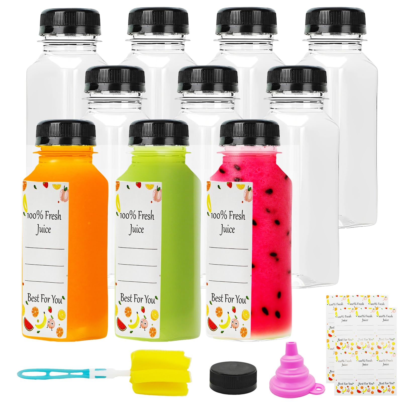 Photo 1 of 10 Pcs 8 oz Plastic Juice Bottle, Reusable Transparent Bulk Beverage Containers with Black Lids, Labels, Brush, and Silicone for Juice, Drinking Tea, Milk and Other Beverages, Fridge Storage