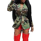 LETSVDO Women Casual Camo Jacket Long Sleeve Double Breasted Zipper Ruffle Peplum Blazer Camouflage Army Fatigue Coats