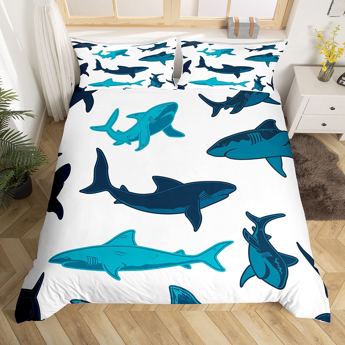 Loussiesd Shark Bedding &Linen Ocean Marine Animal Bedding Set Sea Underwater Creature Duvet Cover for Boys Girls Kids Room Decor Cute Sealife Bedspread Cover Single with 1 Pillow Case