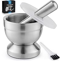 Zulay Kitchen 4-Inch Stainless Steel Mortar and Pestle Set Small - 1 Cup Pestle and Mortar With Protective Lid & Brush…