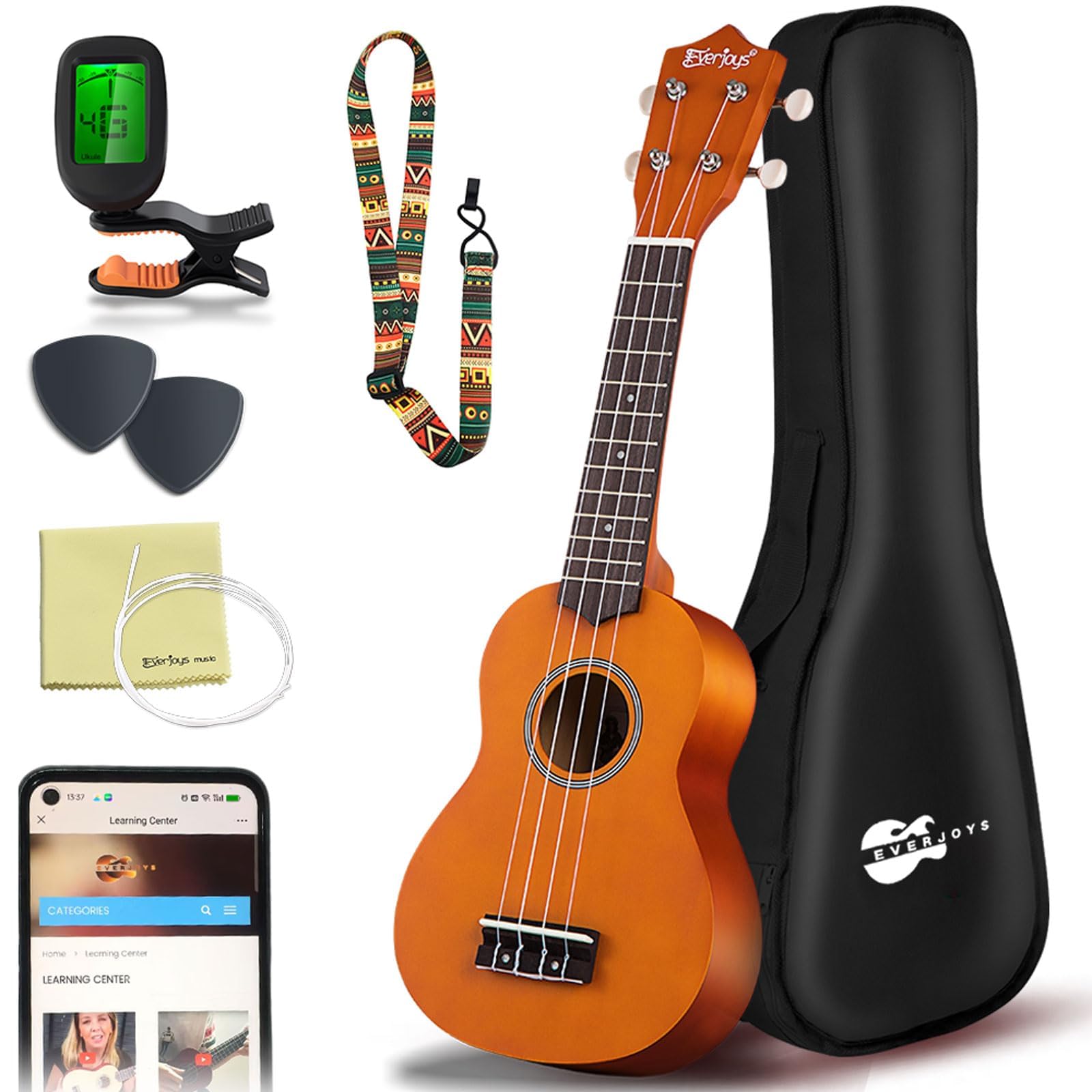 Everjoys Soprano Ukulele Beginner Kit 21 Inch Ukelele w/Free Online Lesson Carrying bag Digital Tuner Strings Picks, All in One Set (Honey)