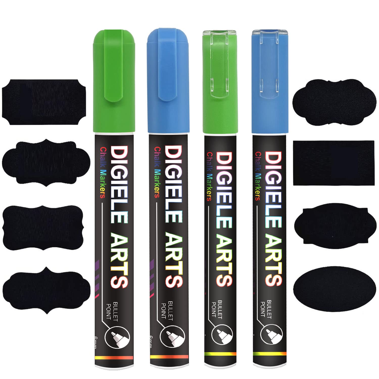 DIGIELE Liquid Chalk Marker Pens Blue + Green, 2pcs 3mm Chalk Pens + 2pcs 6mm Chalk Markers, Dry or Wet Wipe Erase, Thin & Medium Reversible Bullet or Chisel Tip, 4 Pens & 16 Chalkboard Labels Packed