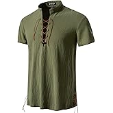 JEMITOP Men's Pure Cotton Vintage Short Sleeve Lace Up Shirts for Renaissance Pirate Viking Medieval Costume