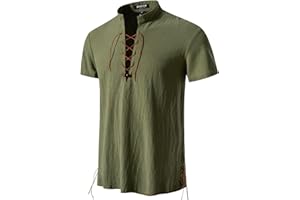 JEMITOP Men's Pure Cotton Vintage Short Sleeve Lace Up Shirts for Renaissance Pirate Viking Medieval Costume