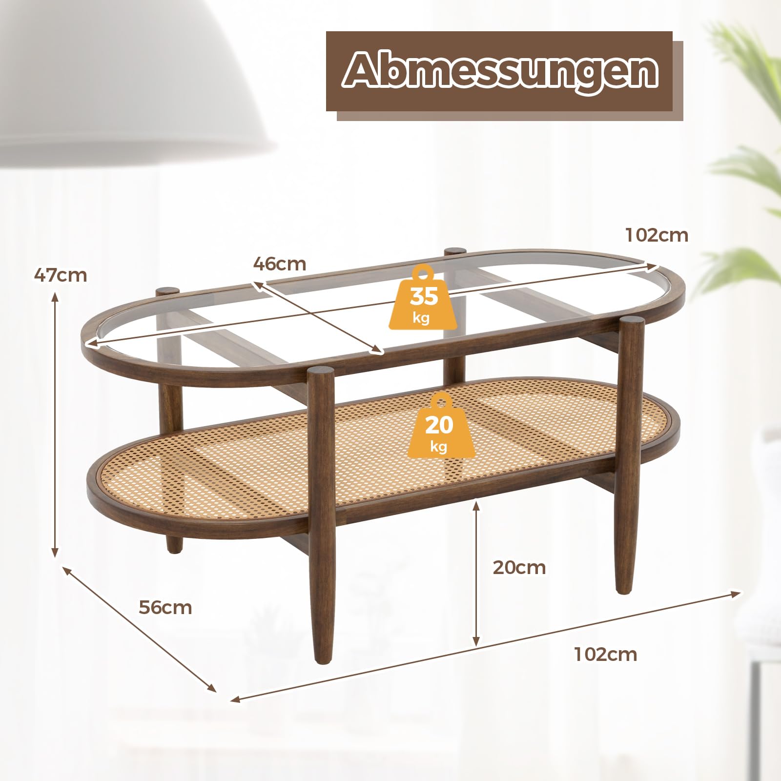 COSTWAY Couchtisch, Beistelltisch mit Glas Tischplatte & Rattan Ablage, Wohnzimmertisch mit Holzbeinen & Holzrahmen, Kaffeetisch für Wohnzimmer, Büro, 102 x 56 x 47 cm (Braun) 6