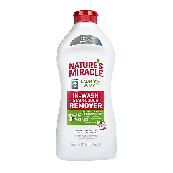 NATURE’S MIRACLE LAUNDRY BOOST IN-WASH STAIN AND ODOR REMOVER, 32 OUNCES, LAUNDRY STAIN AND ODOR REMOVING ADDITIVE FOR ALL MACHINES