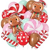 Christmas Decor Balloons, 12 Inch Red Pink Green Brown Latex Xmas Balloons with Candy Cane Gingerbread Man Foil Balloon for Christmas Gingerbread House New Year Party Decorations