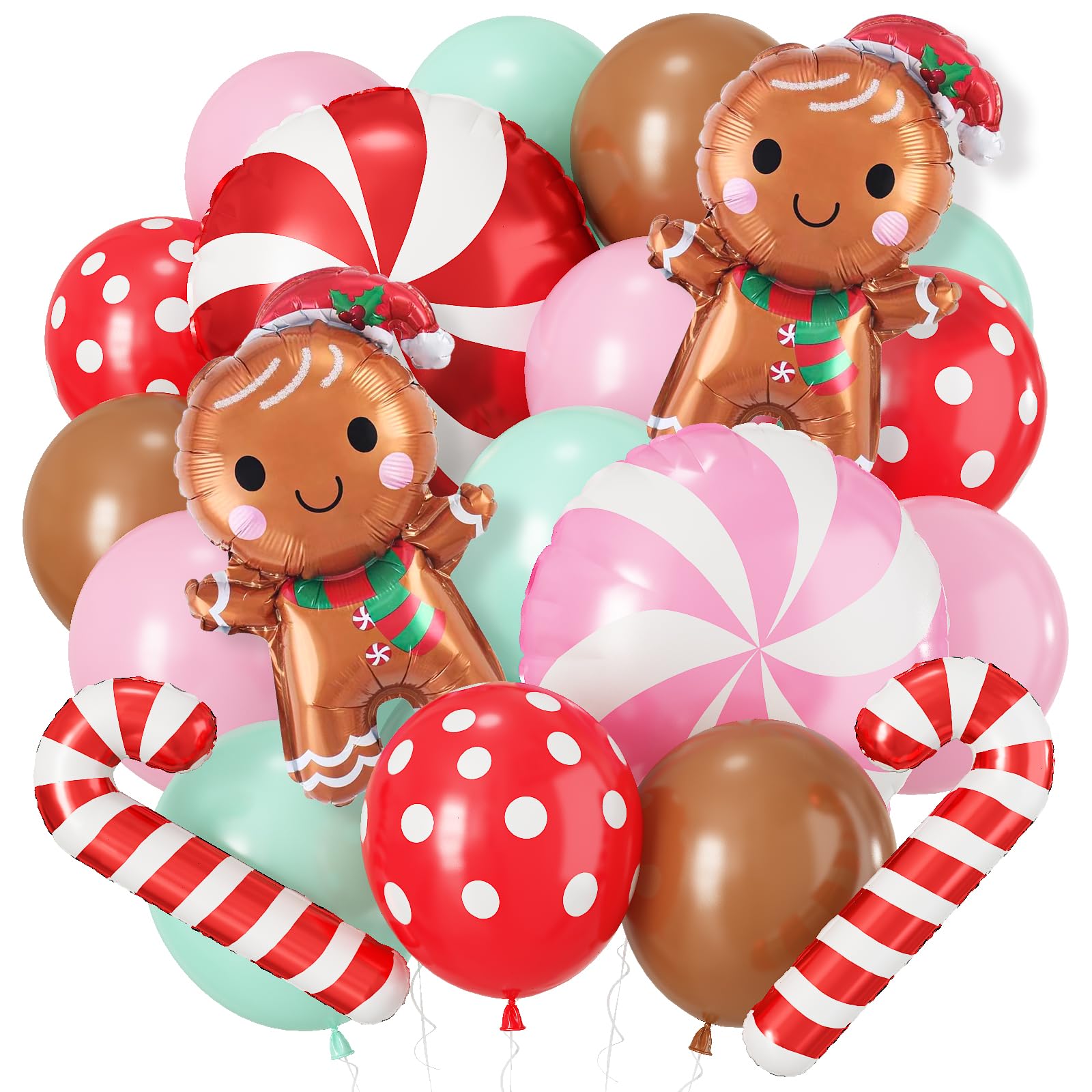 Christmas Decor Balloons, 12 Inch Red Pink Green Brown Latex Xmas Balloons with Candy Cane Gingerbread Man Mylar Foil Balloon for Christmas Gingerbread House New Year Party Decorations