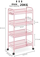4-Tier Rolling Cart On Wheels Pink Easy Assemble Storage view 2