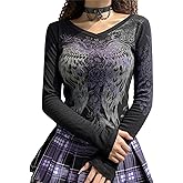 Womens Y2K Tops Long Sleeve Crew Neck Gothic Graphic Tee Shirt Teen Girls Vintage Aesthetic Grunge Clothes