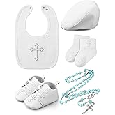 5 Pcs Baptism Gifts for Baby Boys Include White Embroidered Cross Bib Christening Socks Shoes Baptism Hat and Rosary christening outfits for Boys Toddler Infant First Communion Gift