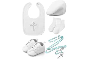 BUNNYCOOL 5 Pcs Baptism Gifts for Baby Boys Include White Embroidered Cross Bib Christening Socks Shoes Baptism Hat and Rosary christening outfits for Boys Toddler Infant First Communion Gift