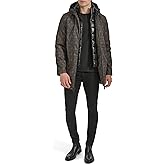 Kenneth Cole Men's Water Resistant Printed Wool Midweight Hooded Stadium Coat W/Quilted Bib
