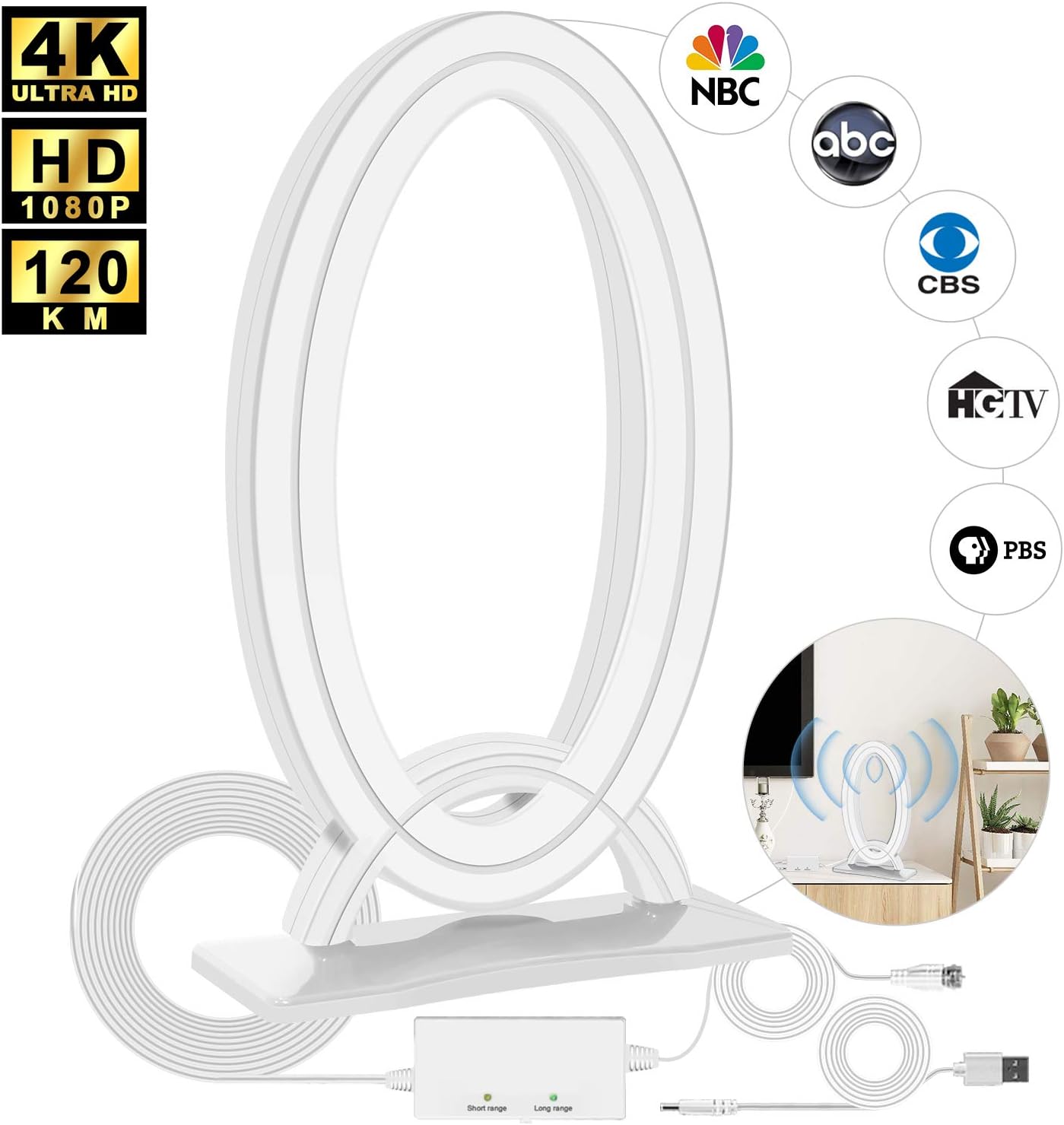 Digital TV Antenna Indoor, HDTV 1080P 4K TV Antenna 80~120 Miles Long Range Support All TVs, Free Local Channels with Signal Booster Amplified Indoor TV Antenna
