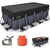 QH.HOME 550D 9x18 Ft Rectangular Winter Pool Cover Tear Resistant Fabric | Pre-installed winch and rope provide snug fit with windproof outdoor protection, fits 9x18 ft above ground swimming pools