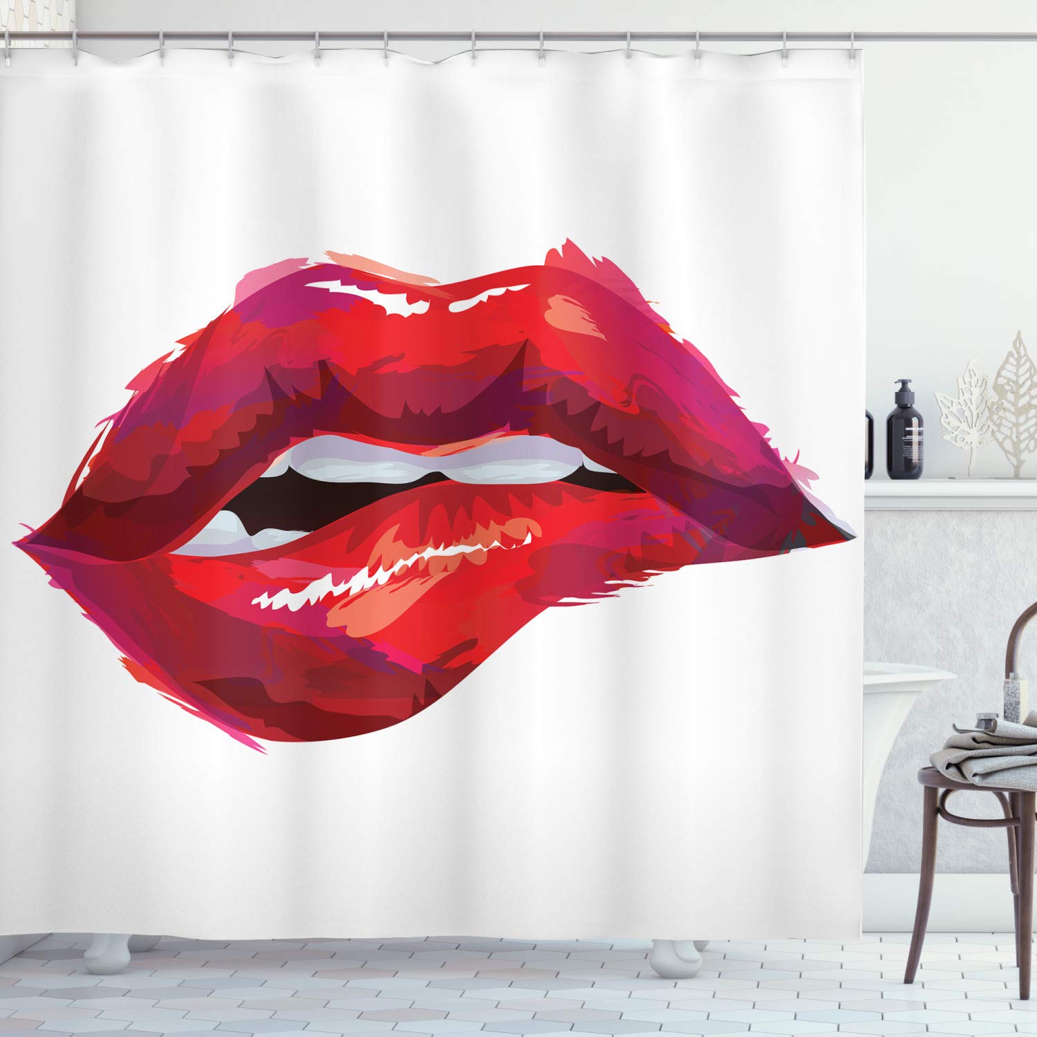 ABAKUHAUS Lips Shower Curtain, Detailed Woman Biting Design with Pinkish Tones on Plain Background, Cloth Fabric Bathroom Decor Set with Hooks, 86 Inches Extra Long, Dark Coral Pink White