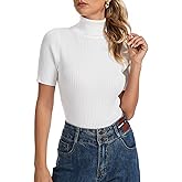 Biffxeu Women's Fall Short Sleeve Sweater Turtleneck Pullover Tops Winter Basic Ribbed Knit Slim Fitted Casual Shirts