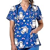 VillbeCoser Scrubs for Women V Neck Cute Printed Scrub Tops Medical Nurse Shirt Soft Casual Uniform with Pockets