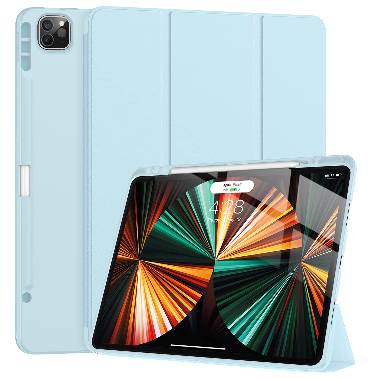 Tuosake iPad Pro 12.9 Case 2021/2022 5th/6th Generation with Pencil Holder,Slim Lightweight Trifold Stand Case【Pencil Charging+Auto Sleep/Wake】 Soft TPU Back Cover for iPad Pro 12.9 inch-Light Blue