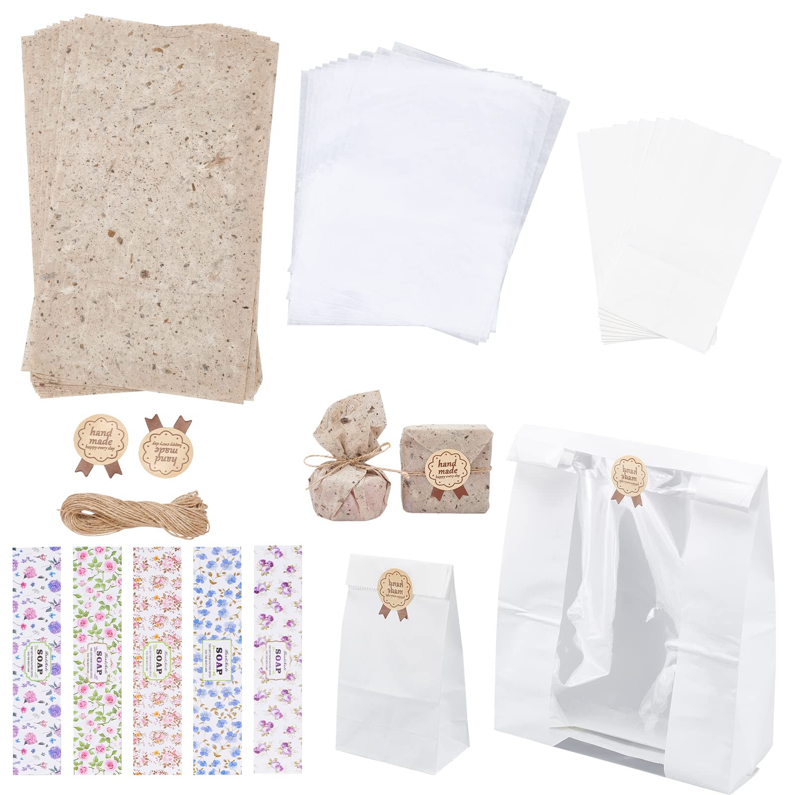 PH PandaHall Handmade Soap Packaging Kit, 30pcs Soap Wrappers 10pcs Greaseproof Wrapping Paper 12pcs Paper Bags 10 Sheets Bake Paper and 10m Jute Cord for Homemade Soaps Small Business