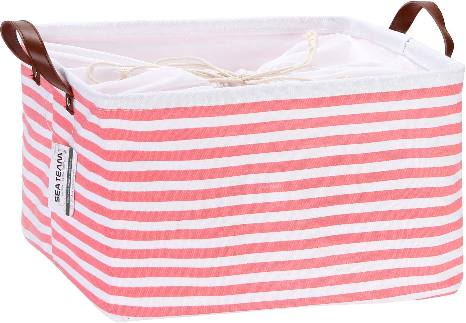 Sea Team Collapsible Rectangular Canvas Fabric Storage Bin Shelf Basket Organizer with PU Leather Handles and Drawstring Closure, 16.5 x 11.8 x 9.8 inches, Waterproof Inner Layer, Pink Stripe