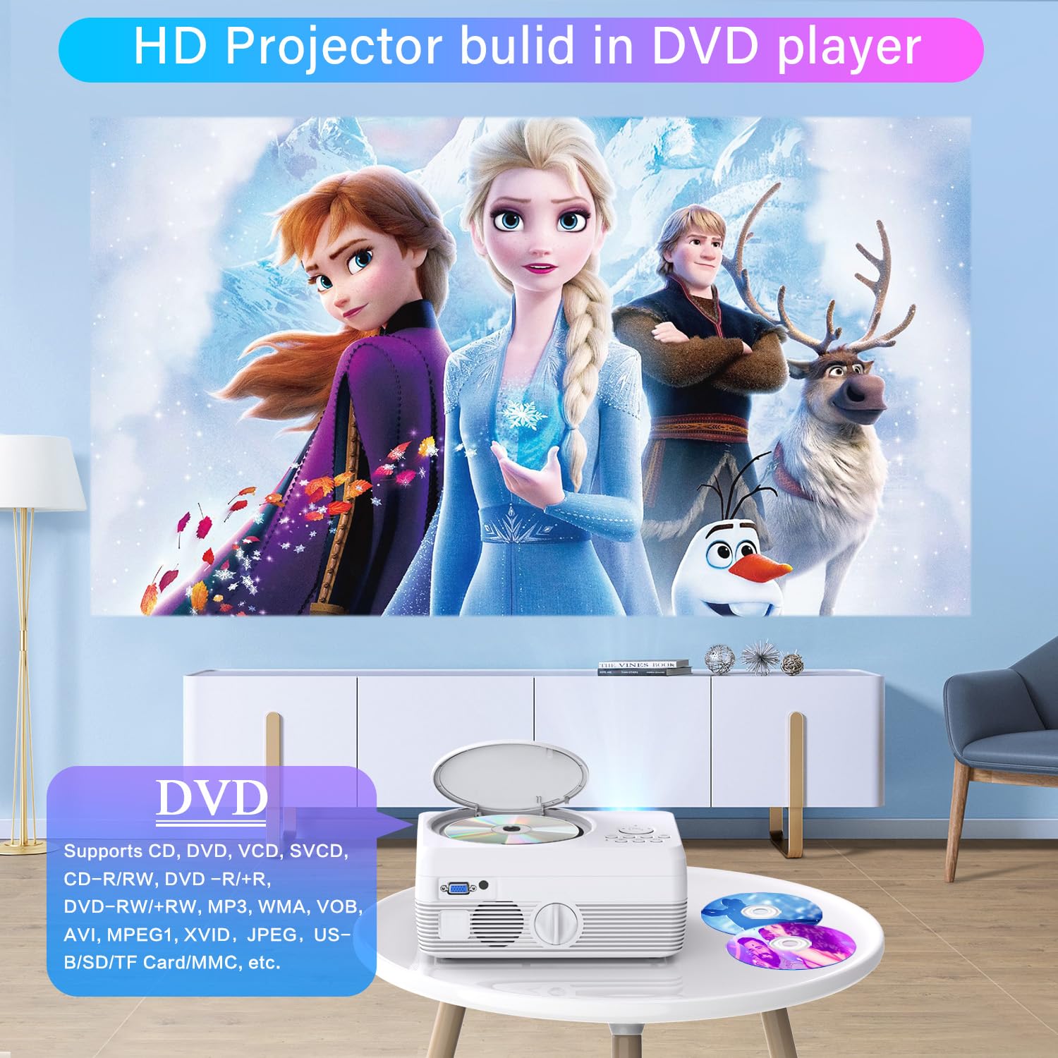 Full HD WiFi Bluetooth Projector Built in DVD Player, 12000LM 1080P Supported, Portable Mini DVD Projector for Outdoor Movies, 250