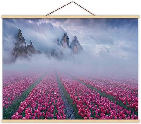 Amazon Com Hitecera Fantastic Spring Landscape With Tulip Fields Cultivated Outdoor Mystic Fog Hiding Mountain On The Horizon Wall Hanging For Bedroom 12 W X 8 H Home Kitchen