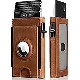 iwantit Slim Airtag Wallet for Men: Compatible with Apple Air tag (1st & 2nd Generation), Front Pocket Smart Pop Up Credit Card Holder with AirTag Holder ID Window, RFID Blocking(Brown)