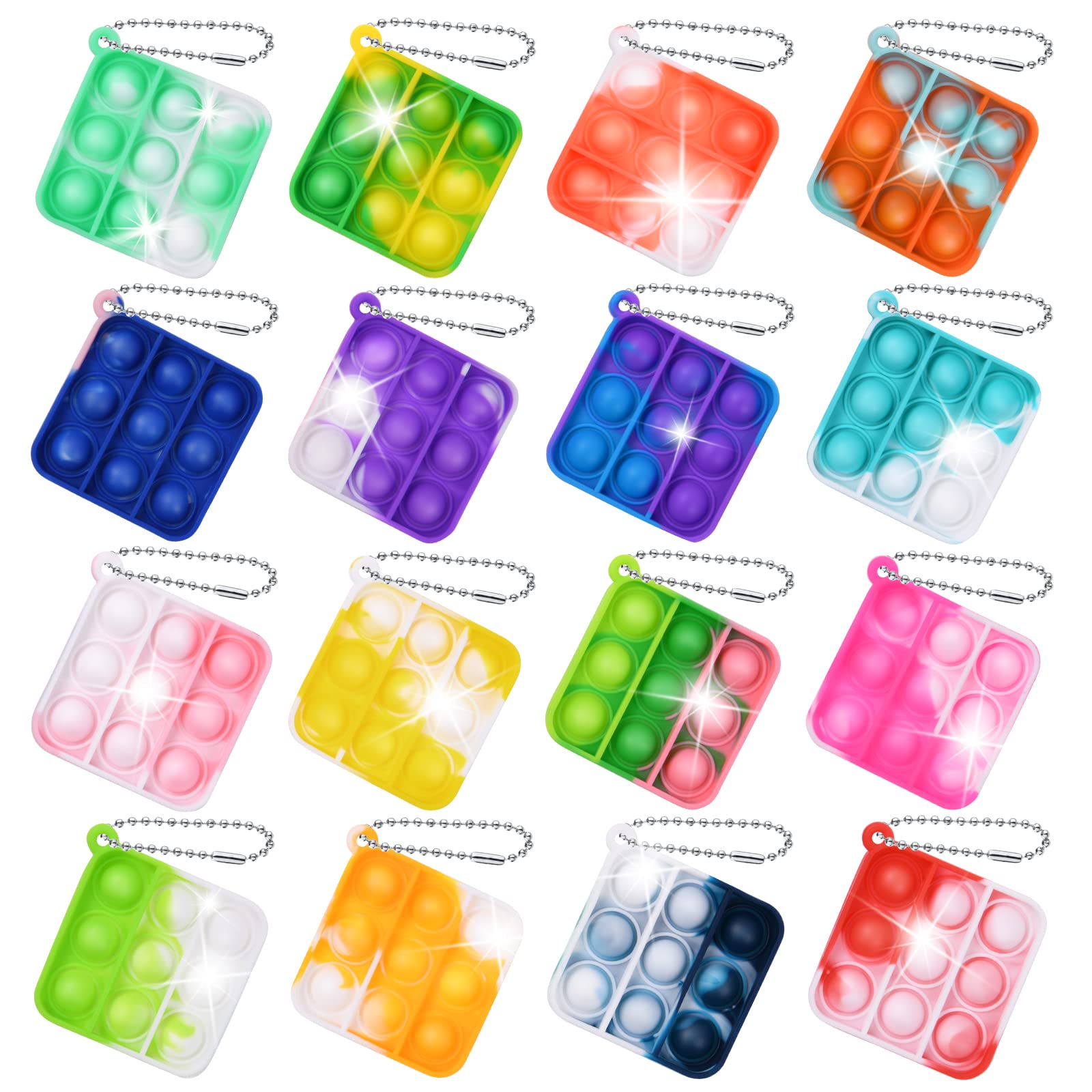 Ainiv 16 PCS Mini Fidget Pop Bubble Toys, Square Squeeze Toys with Keyring, Poppet Bubble Sensory Toys, Stress Anxiety Relief Toys Desk Toy Wrap for ADHD, Autism, for School Kids Office Adult