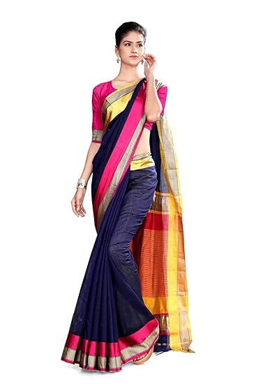Uniform Sarees Womens Poly Cotton Saree With Blouse Piece(D.No-811/2019_Blue_Pink)